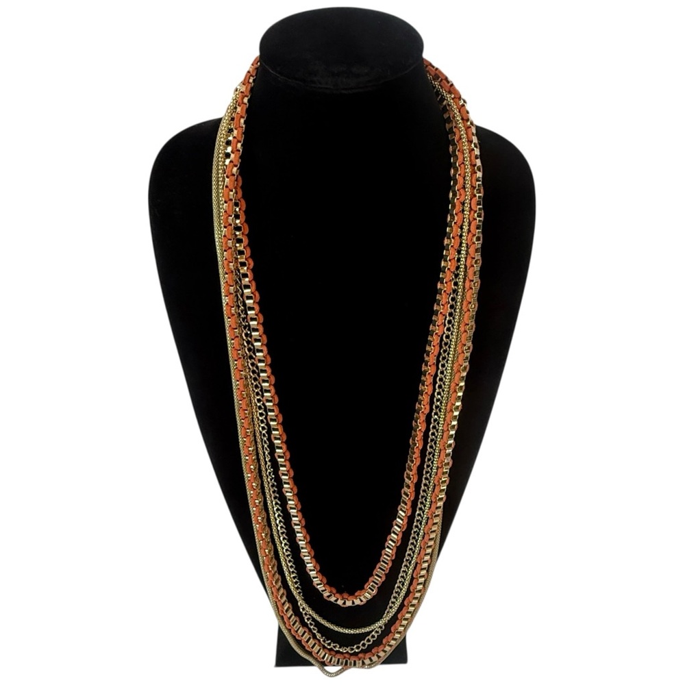 CHICO’S Brass & Orange Suede Multi-Chain Necklace | NWOT